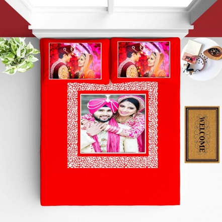 Red Cotton Photo Printed Bed Sheet